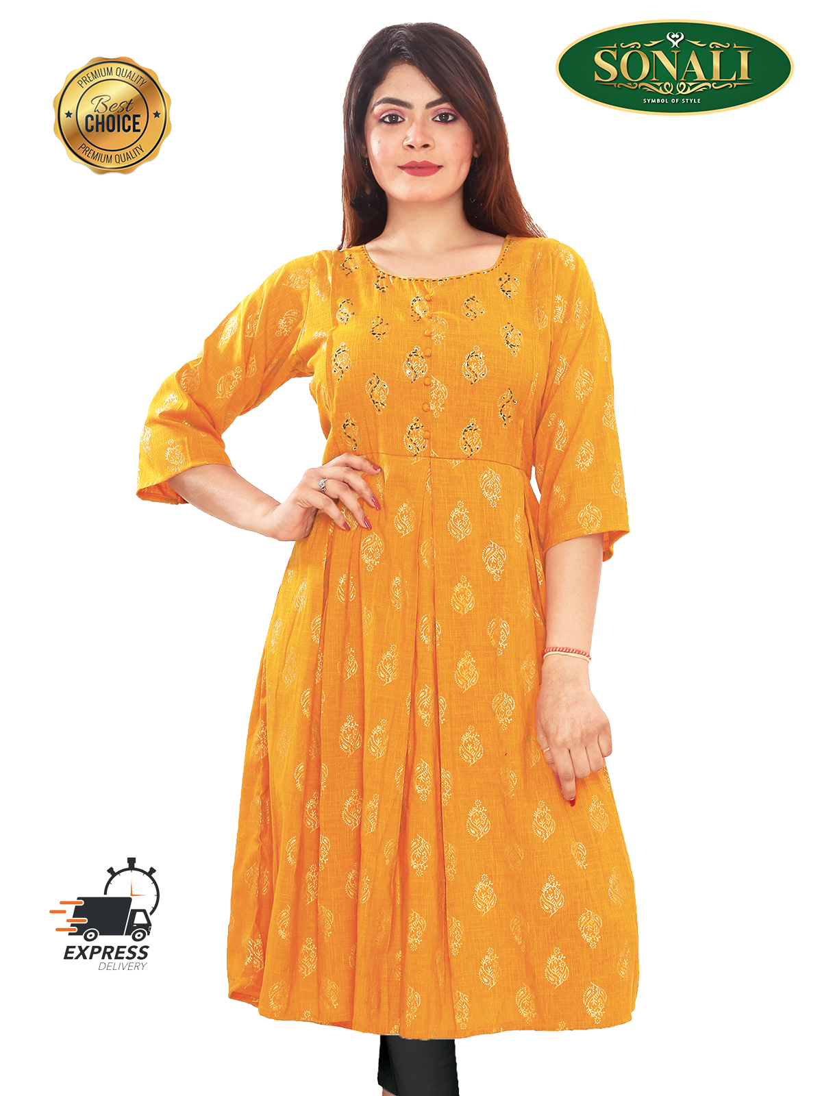 Sonali Premier Quality Women Yellow Kalamkari Rayon Dress / Gown / Top / Kurti - Q1541/Q1541A