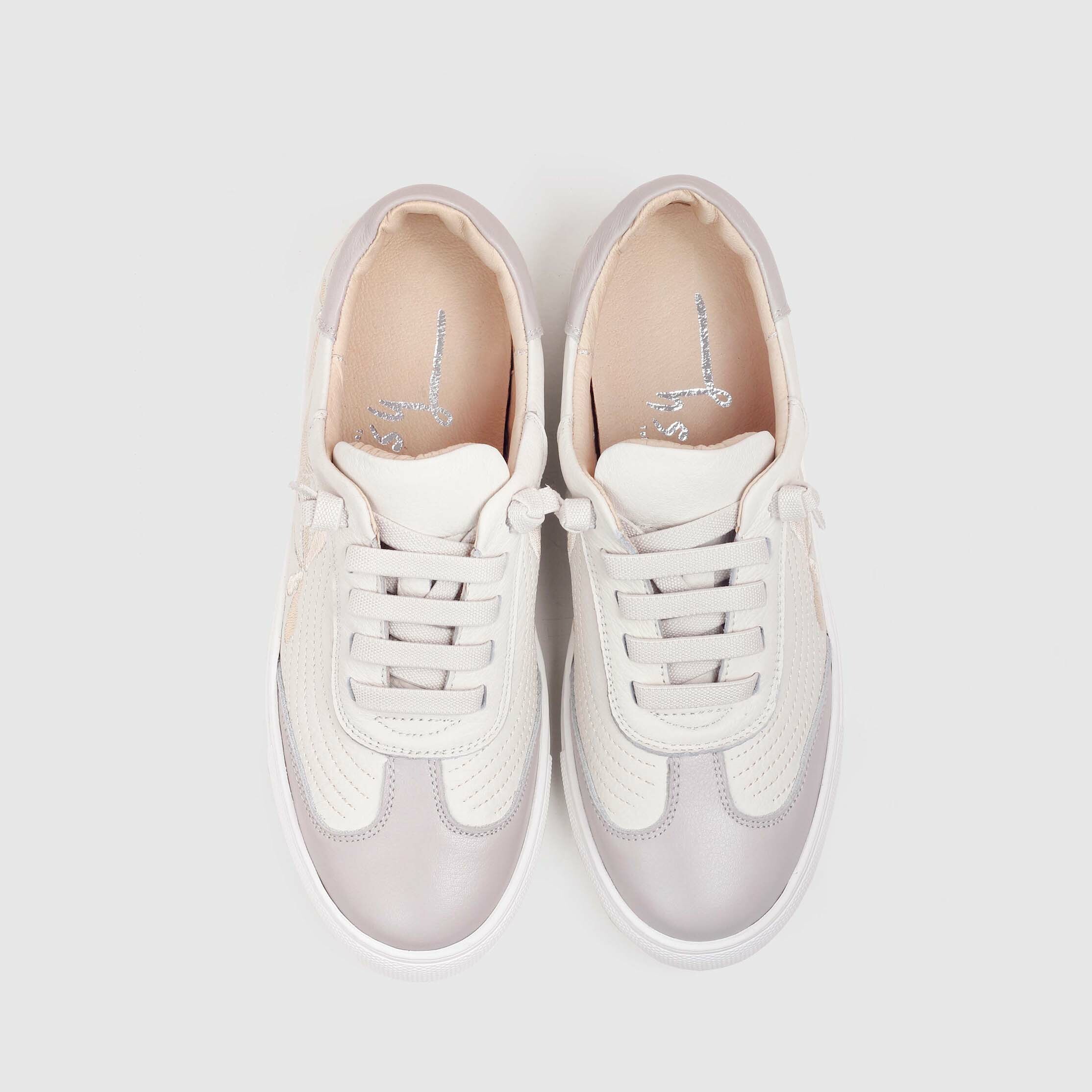 刺繡免綁帶休閒鞋｜清幽小山 (米白灰)