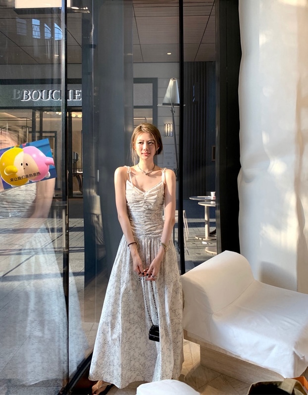 夏日浪漫 縐摺收腰碎花長洋裝(黑/碎花)