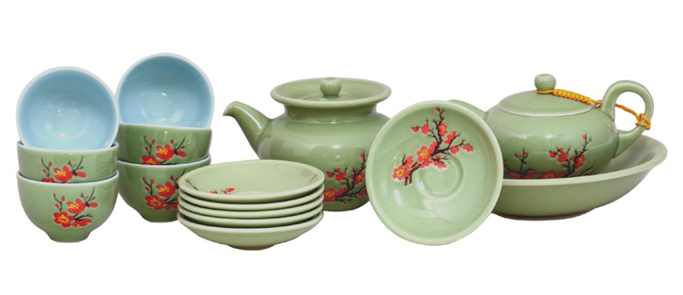 鹿港窯禮品館│陶瓷 綠釉紅梅茶具組 禮盒套裝