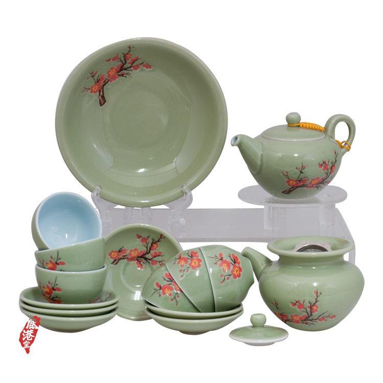 鹿港窯禮品館│陶瓷 綠釉紅梅茶具組 禮盒套裝