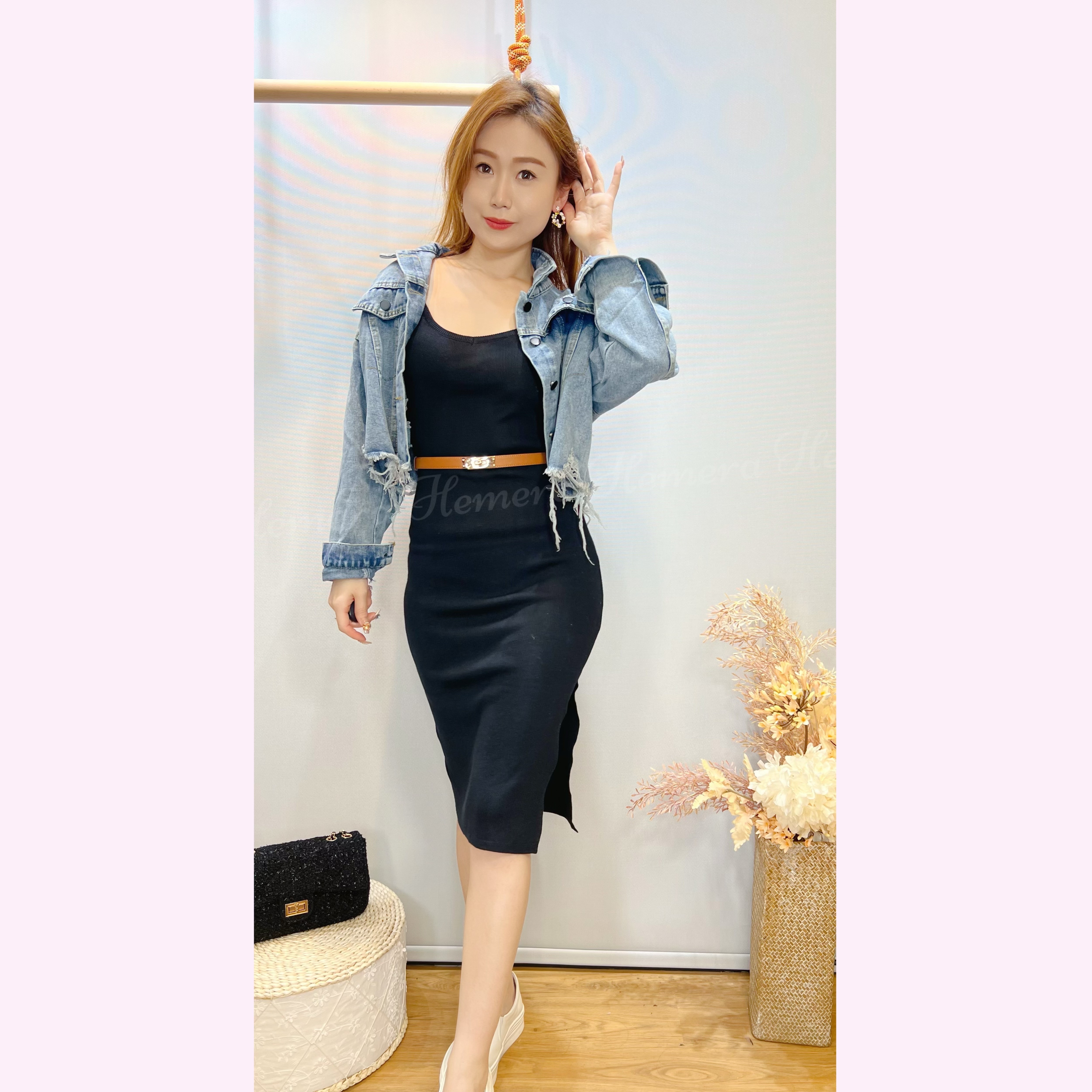 ST24W0321 棉質中長版側開叉連身裙連爛牛仔型枯外套