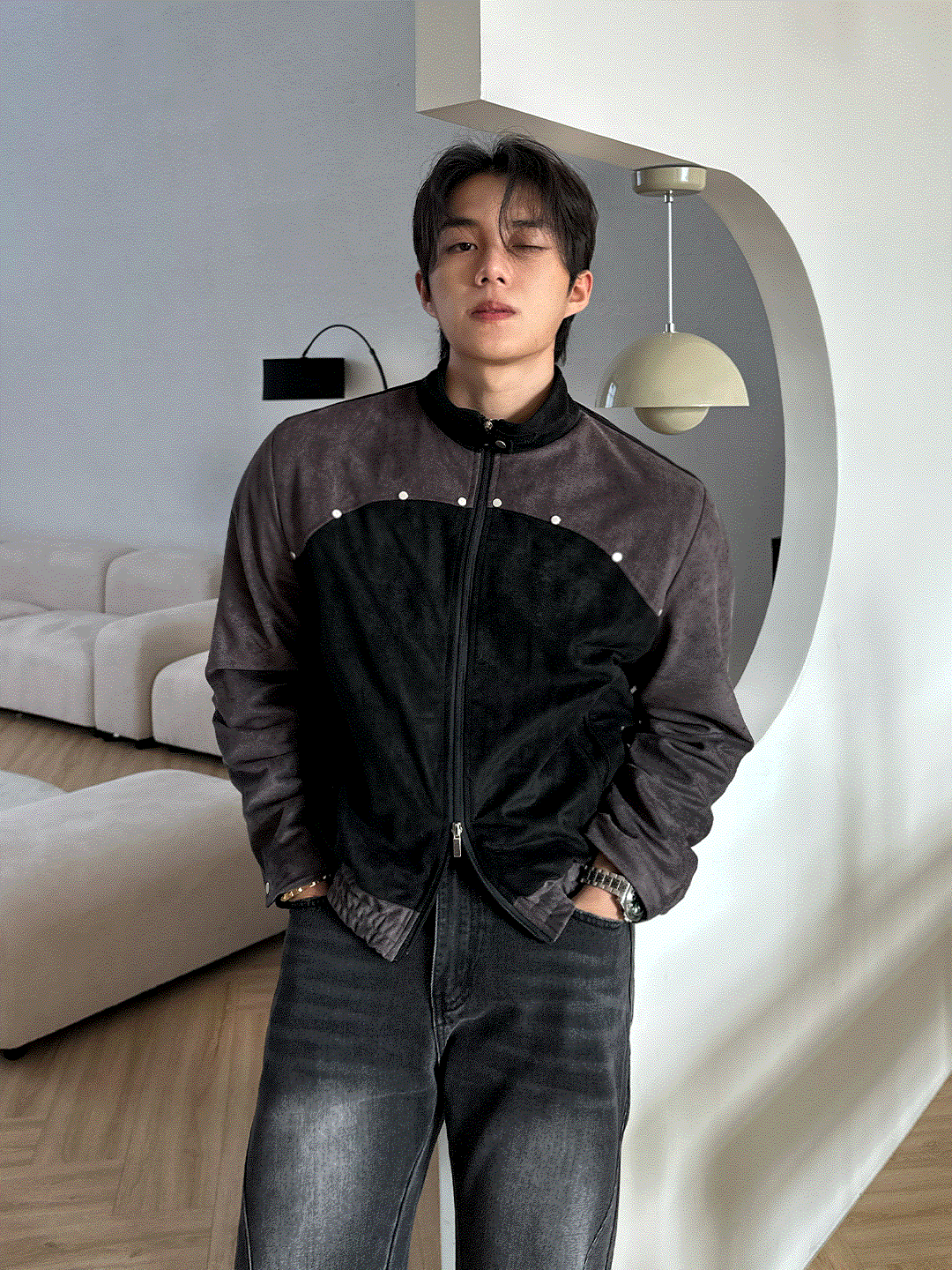 鉚釘絨面革騎士夾克