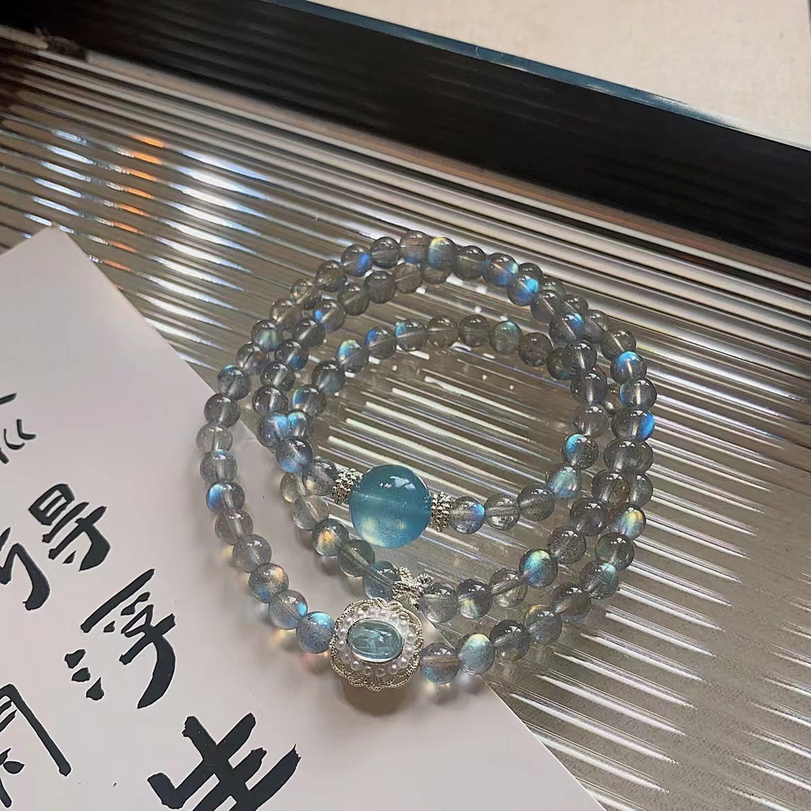 【海藍月韻】強藍光灰月光石+海藍寶水晶手鍊/水晶手串