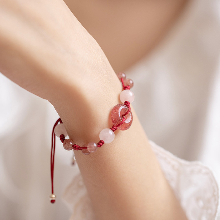 【圓夢】粉水晶+草莓晶手工編織水晶手鍊/水晶手串 (貔貅/平安扣)