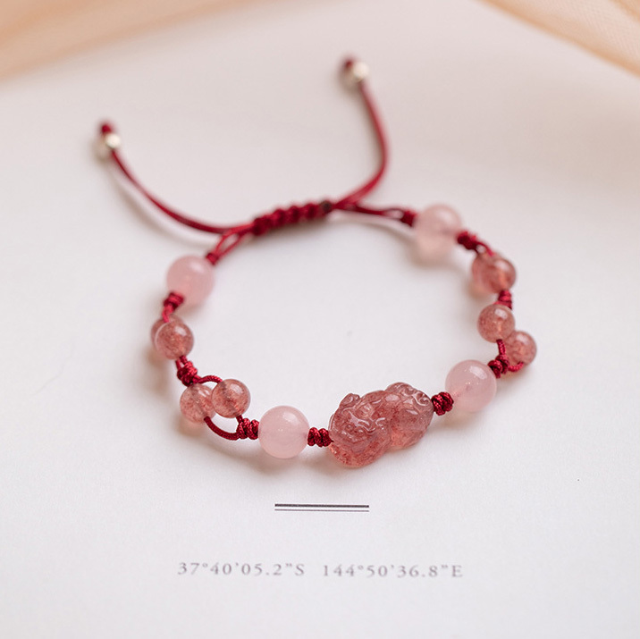 【圓夢】粉水晶+草莓晶手工編織水晶手鍊/水晶手串 (貔貅/平安扣)