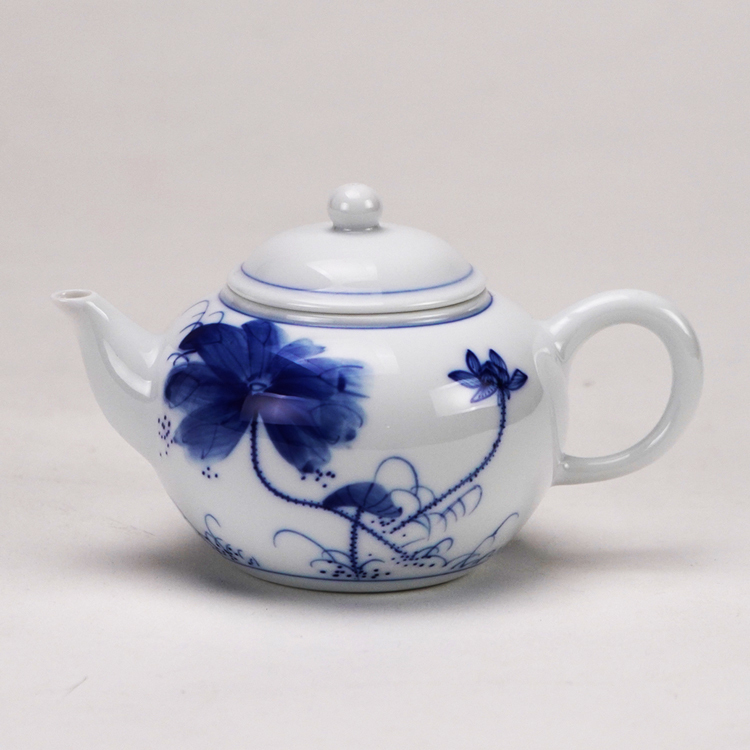 鹿港窯禮品館│手繪荷花青花茶具組1壺2杯禮盒套裝