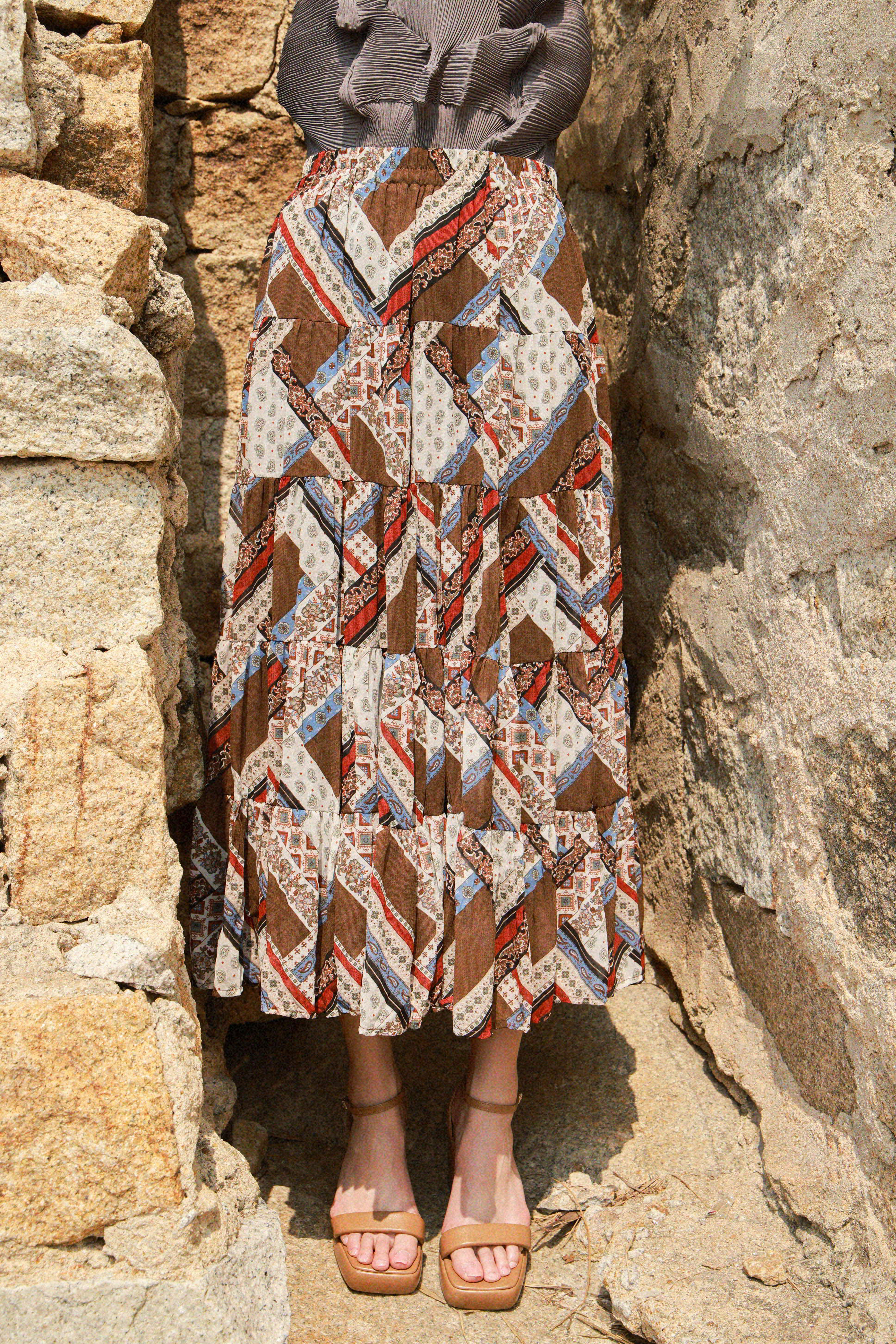 民族腰果花雪紡蛋糕裙 (現貨款式）