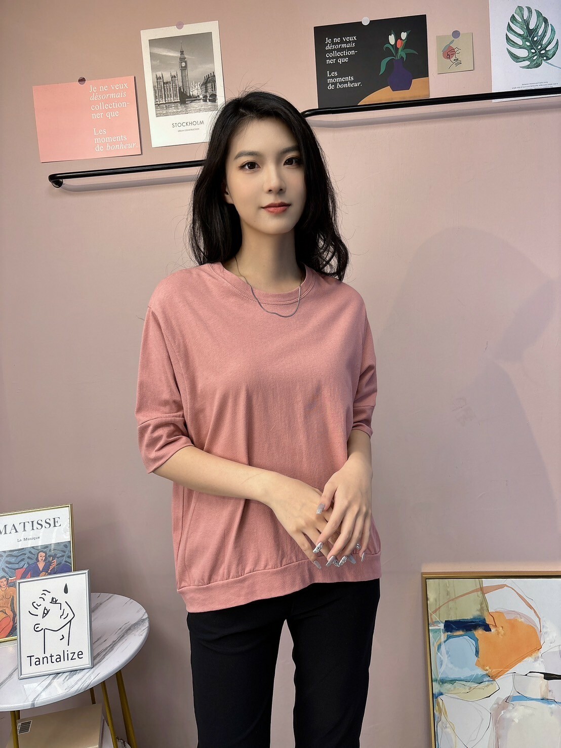 純棉寬袖上衣(粉)