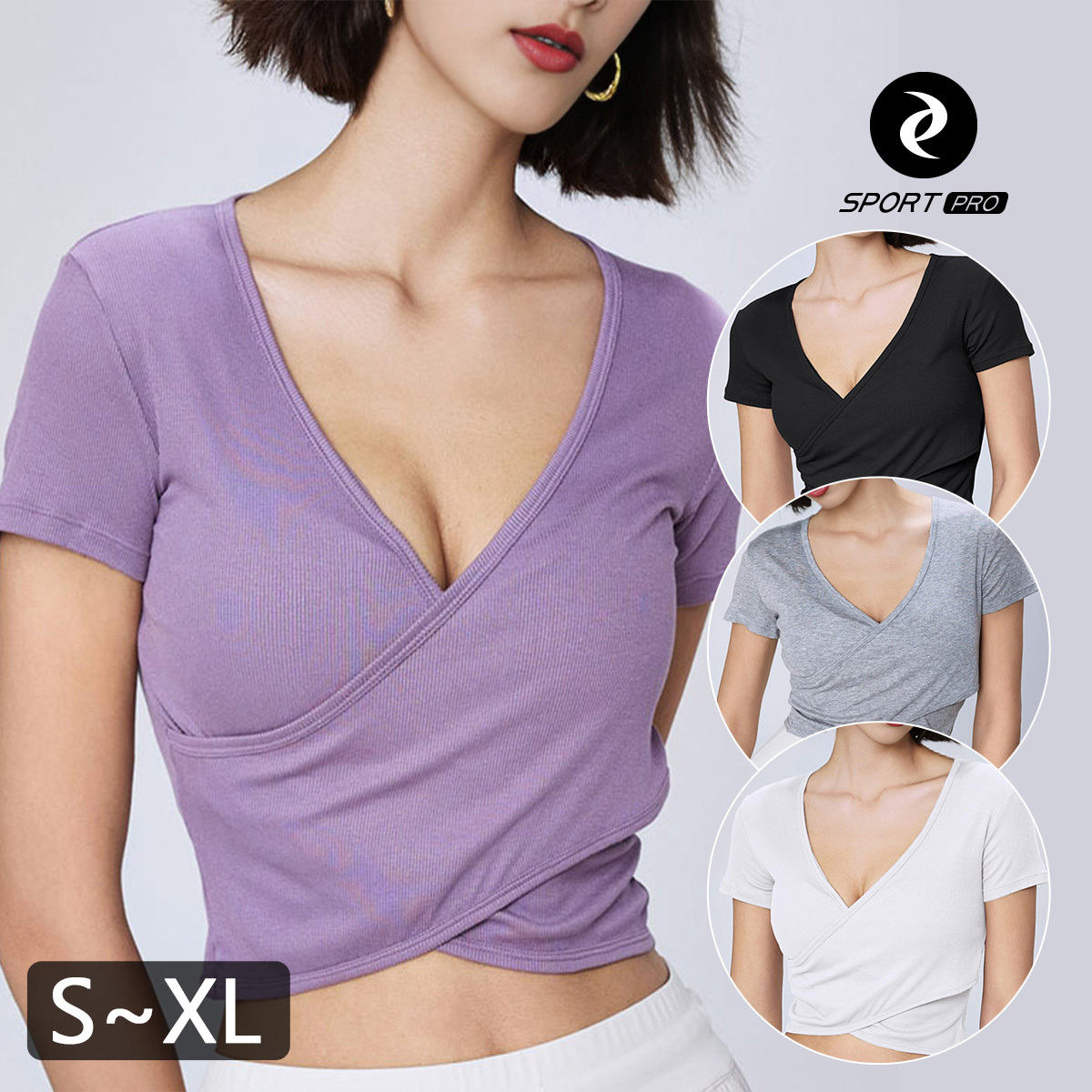 莫代爾羅紋交疊短版瑜珈/運動/機能短袖