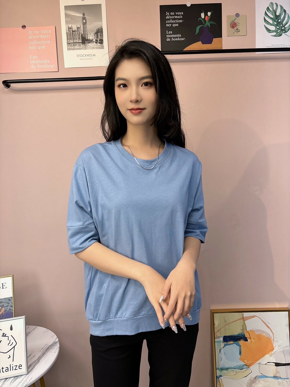 純棉寬袖上衣(藍)