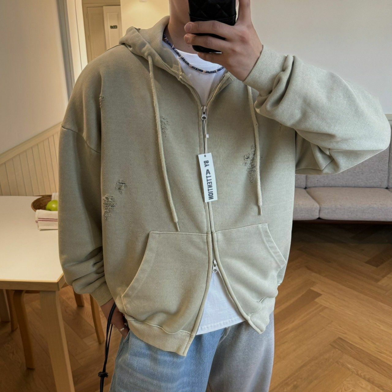 淨色破洞連帽拉鍊外套 BY ATTENTION-138JK