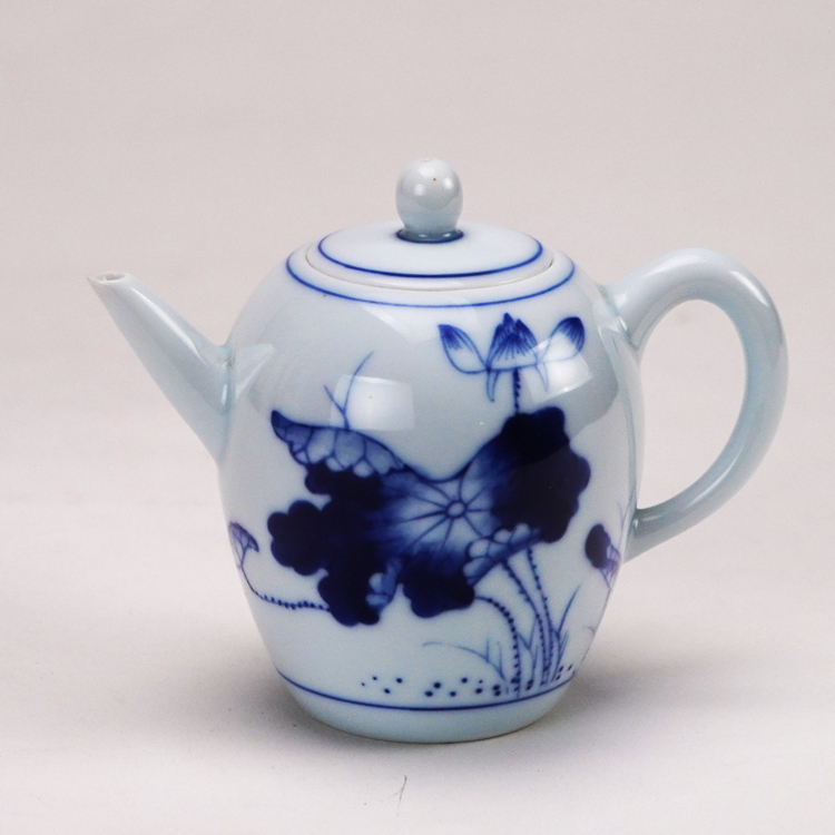 鹿港窯禮品館│手繪荷花青花茶具組1壺2杯(美人肩壺雙層杯)禮盒套裝