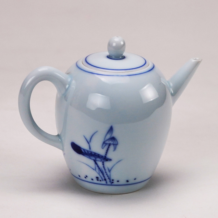 鹿港窯禮品館│手繪荷花青花茶具組1壺2杯(美人肩壺雙層杯)禮盒套裝