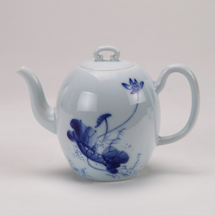 鹿港窯禮品館│手繪荷花青花茶具組1壺2杯(美人肩壺葵口杯)禮盒套裝