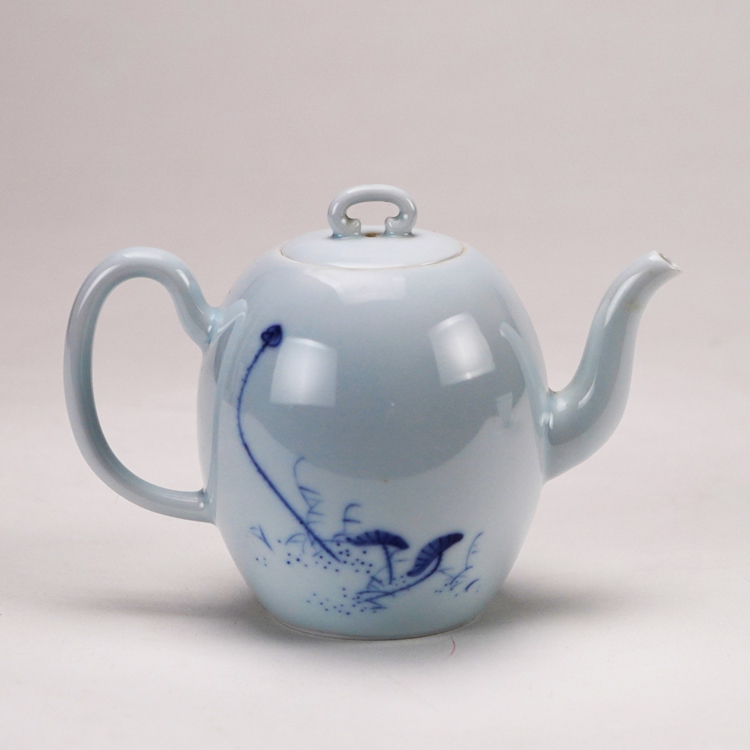 鹿港窯禮品館│手繪荷花青花茶具組1壺2杯(美人肩壺葵口杯)禮盒套裝