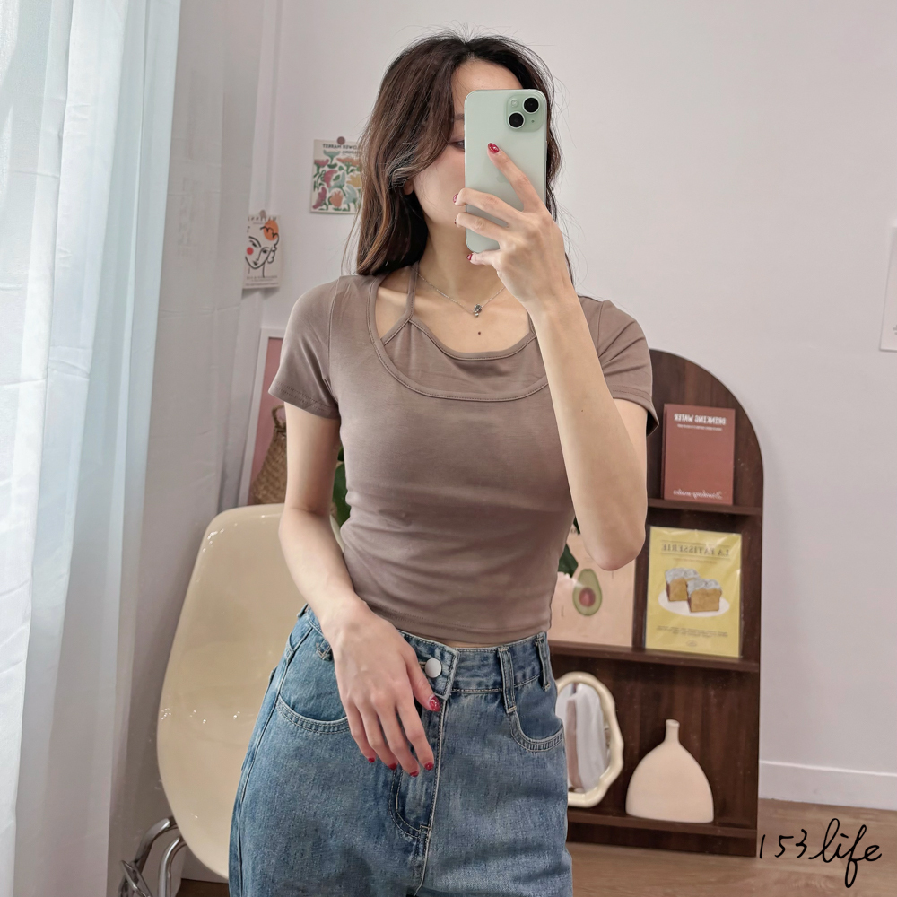 |微瑕疵-摩卡|U領綁帶假兩件造型短T(4色)