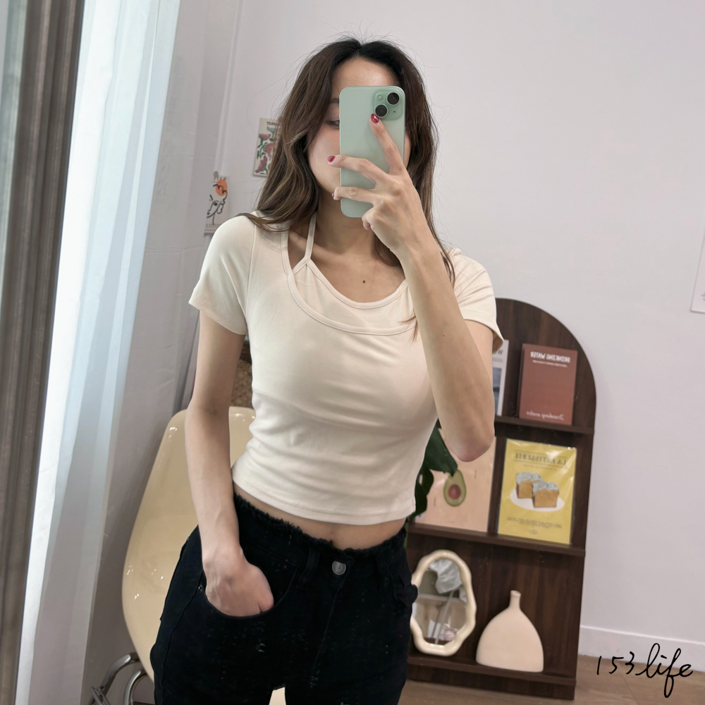 |現貨|U領綁帶假兩件造型短T(4色)