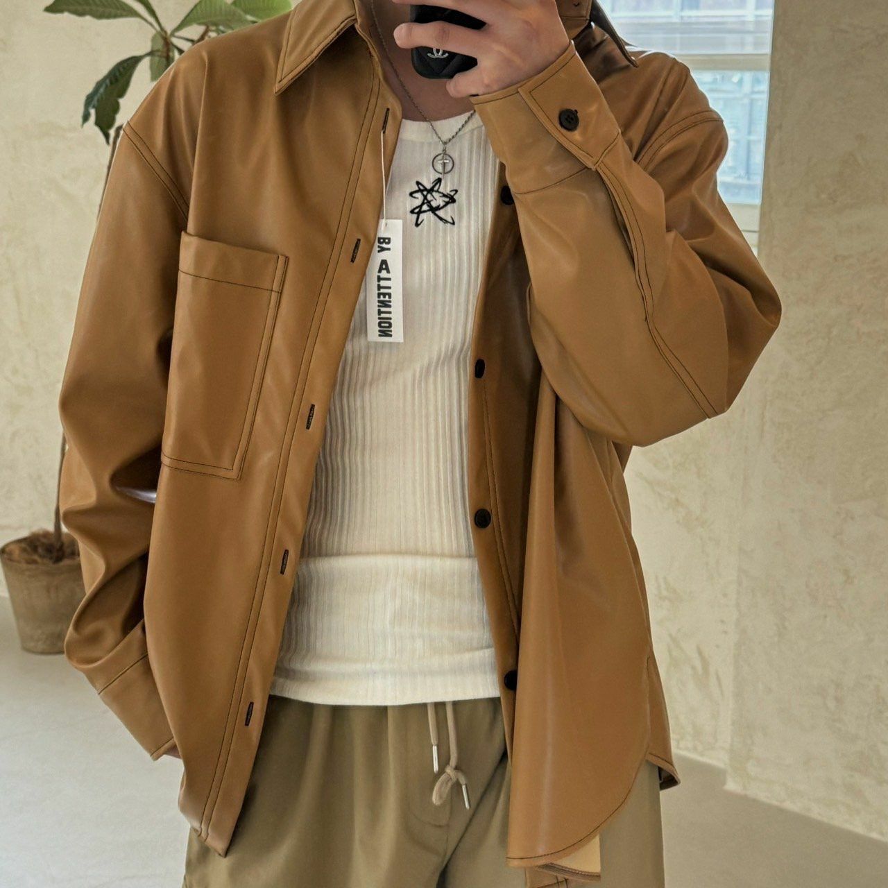 淨色合成皮長袖恤衫 BY ATTENTION-147S