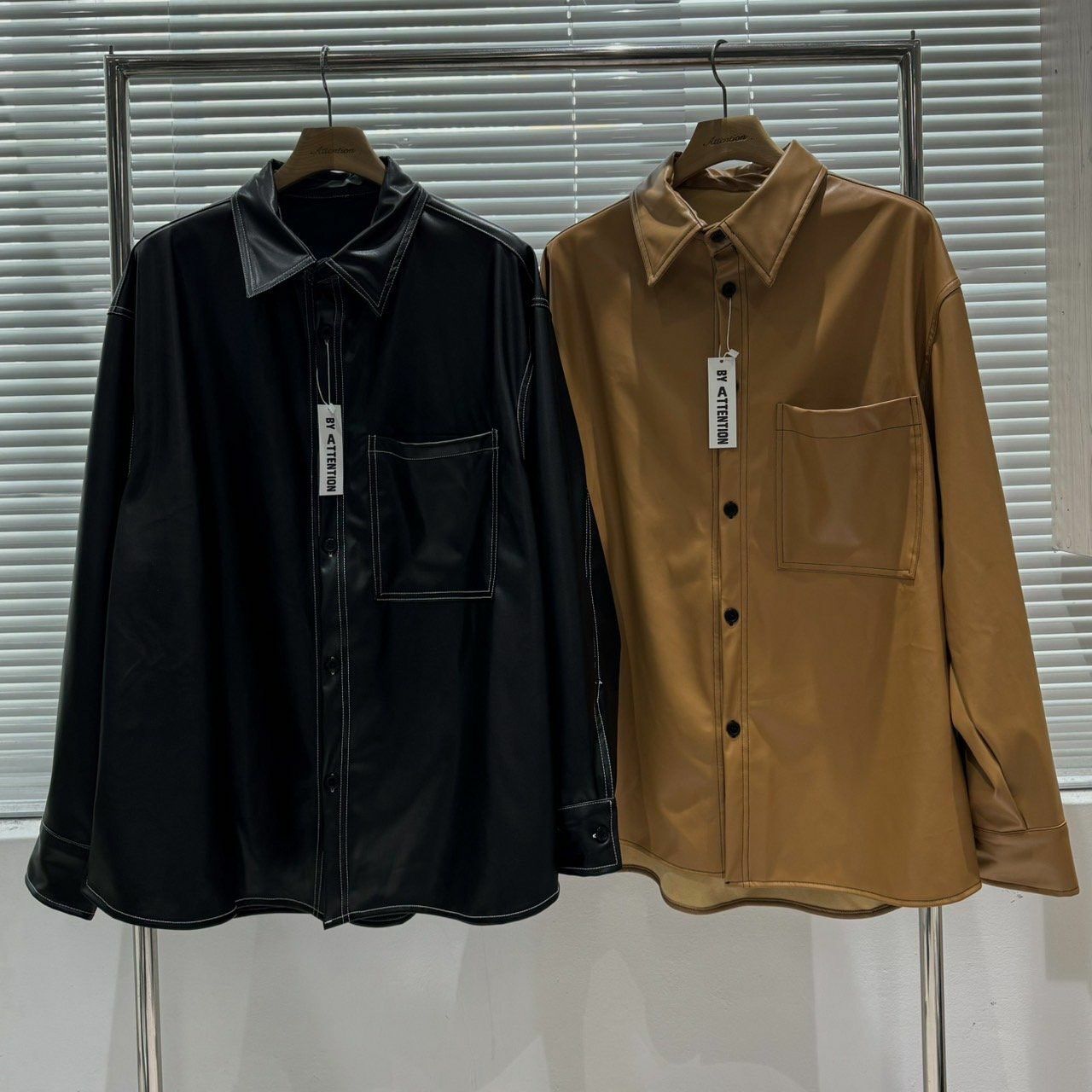 淨色合成皮長袖恤衫 BY ATTENTION-147S