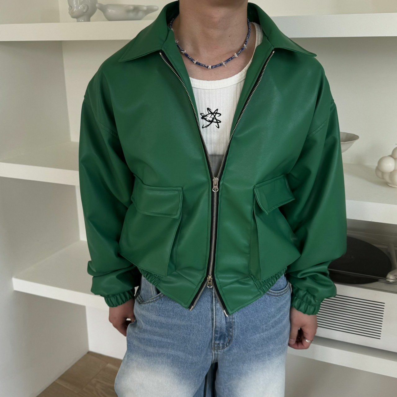 淨色反領拉鍊合成皮褸 BY ATTENTION-148JK