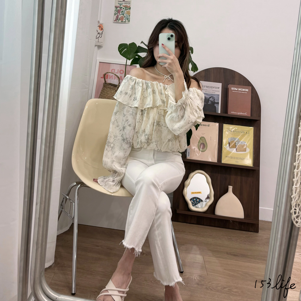 |現貨|荷葉氣質一字領潑墨雪紡上衣