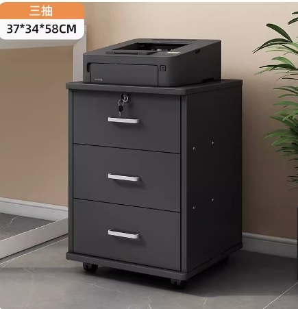 辦公室抽屜 - 三抽黑色帶鎖帶滑輪 (37x34x58cm)