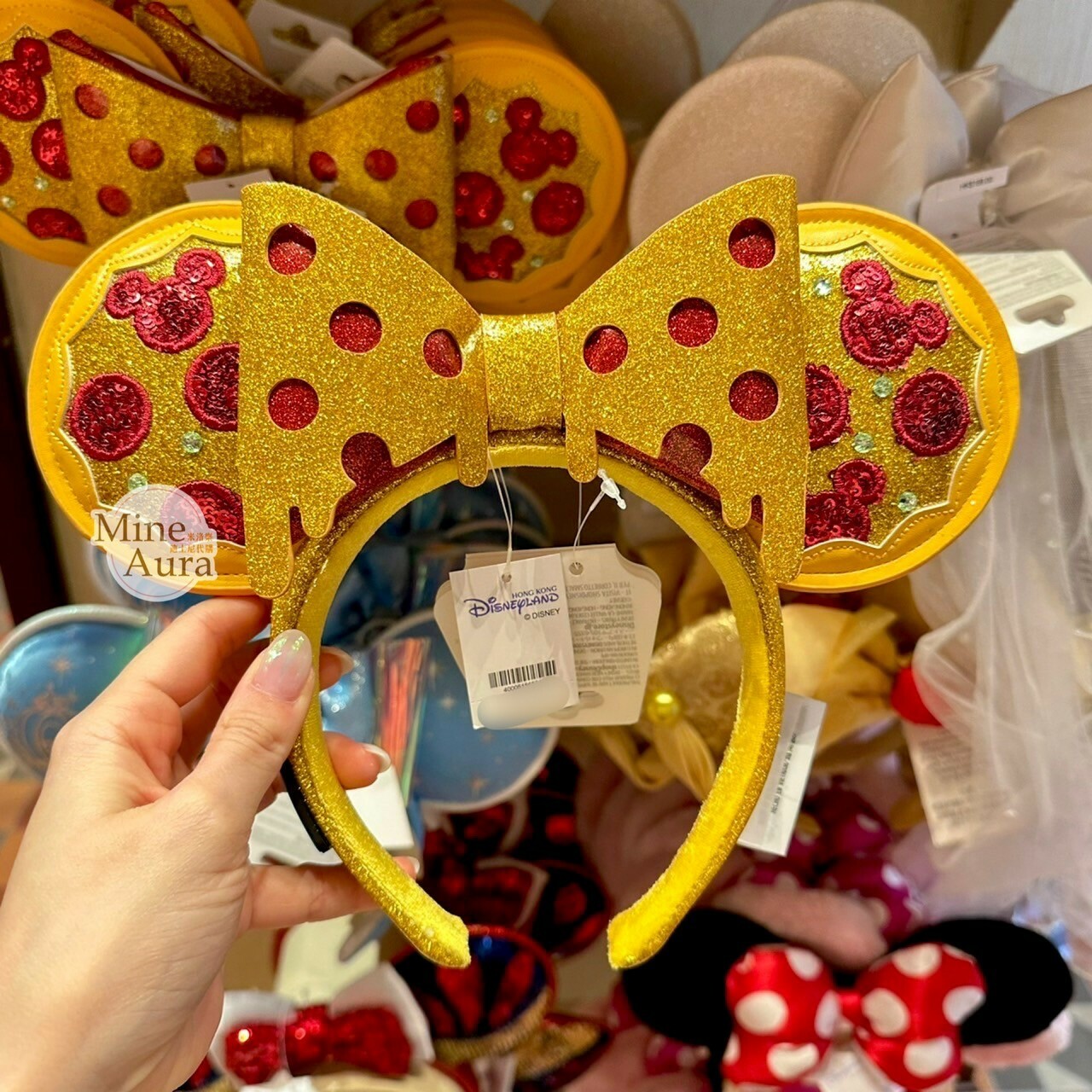 米妮 Minnie  蝴蝶結 米奇頭披薩 金紅配色 造型 髮圈 髮箍 -香港迪士尼樂園