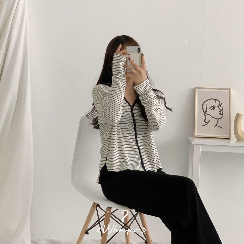 現貨｜拼色亞麻間條薄長袖上衣