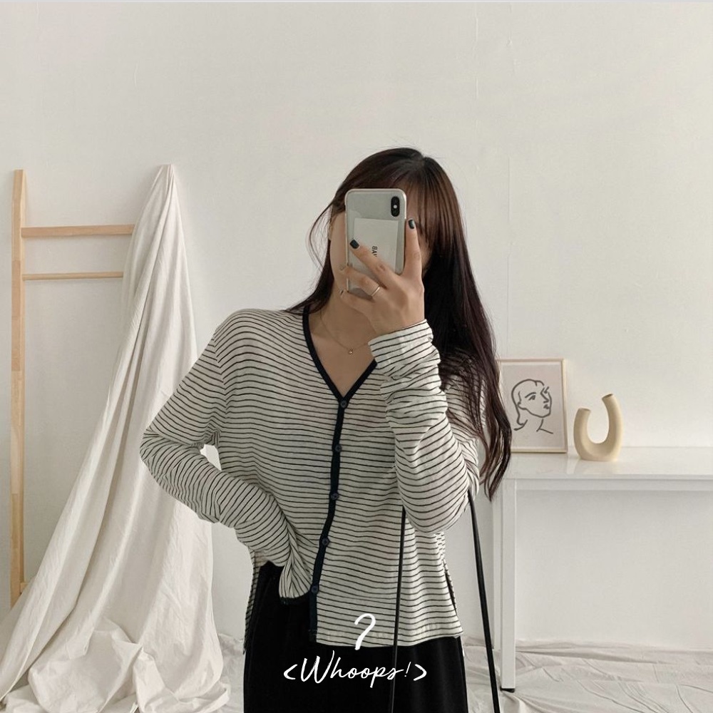 現貨｜拼色亞麻間條薄長袖上衣