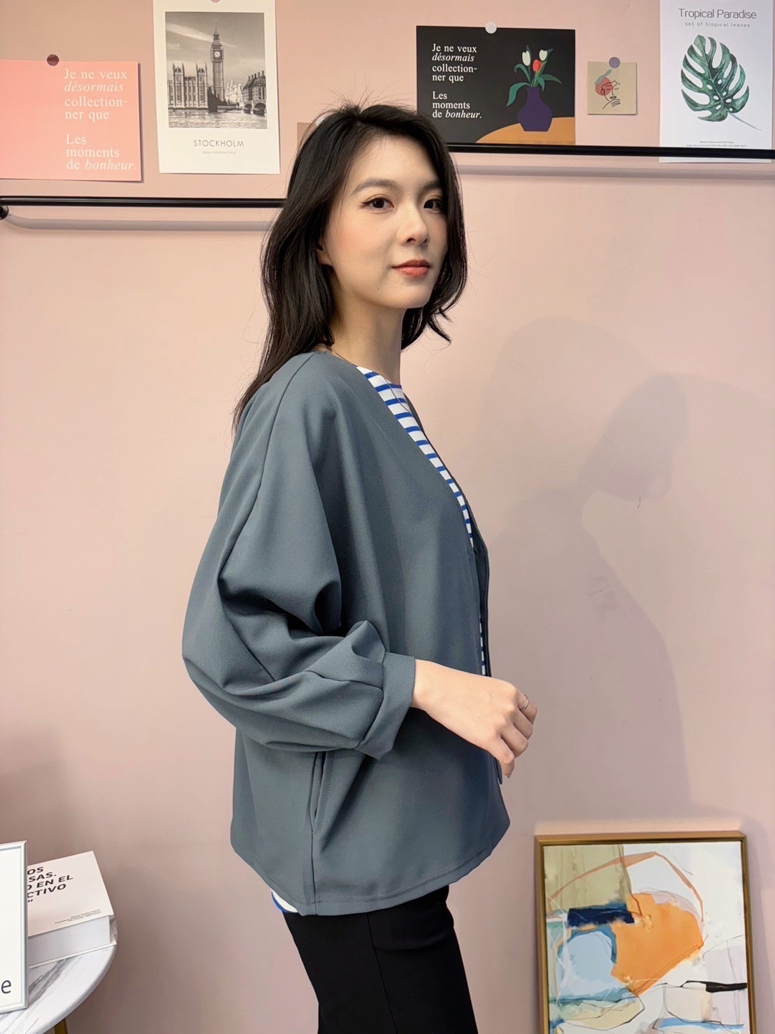 高磅V領寬袖外套(灰)