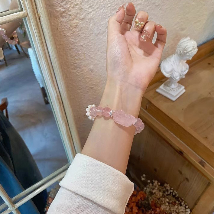 【桃花貔貅】馬達加斯加粉水晶貔貅+白月光石 (彈性/編織/拉伸)水晶手鍊/水晶手串