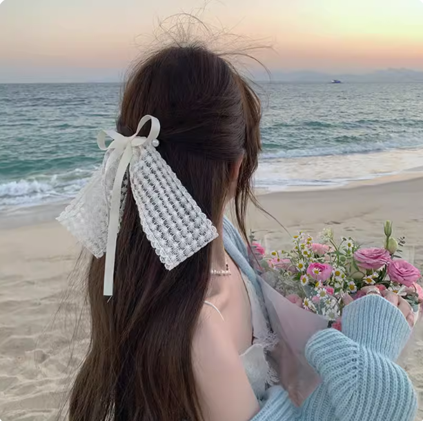 French Vintage Large Lace Bow Ribbon Hair Clip