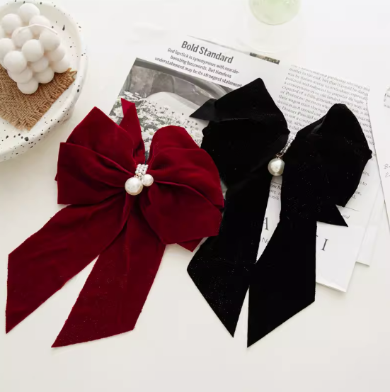 French Vintage Velvet Bow Pearl Ribbon Hair Clip