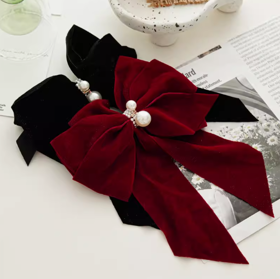 French Vintage Velvet Bow Pearl Ribbon Hair Clip