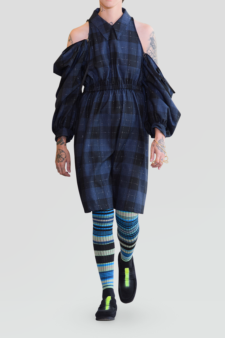 FACETASM｜SILVER 襯衫領格紋拉鍊拼接洋裝