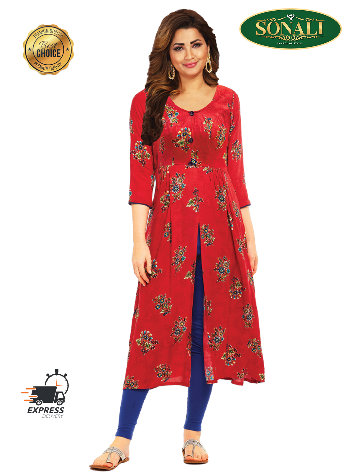 Sonali Premier Quality Red Ladies/Women-Long Kurti/Long Top Only Q1397 / Q1397A