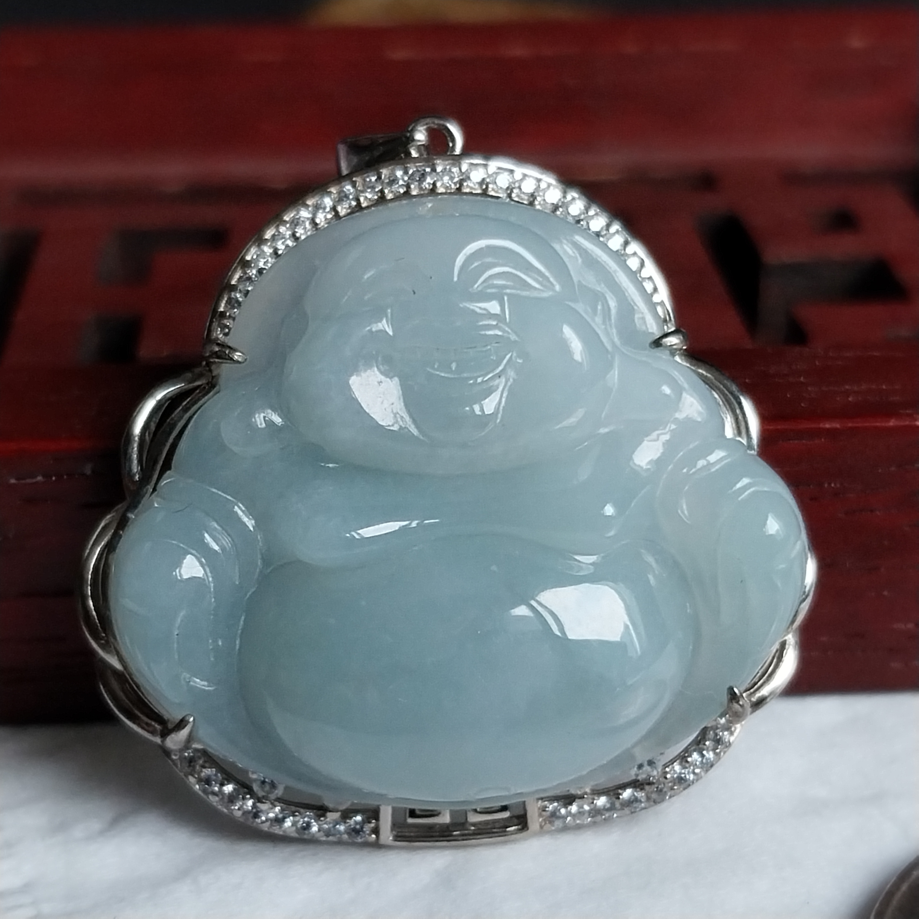 翡翠冰白銀鑲笑佛,天然翡翠A玉, 緬甸玉, Jade, Jadeite