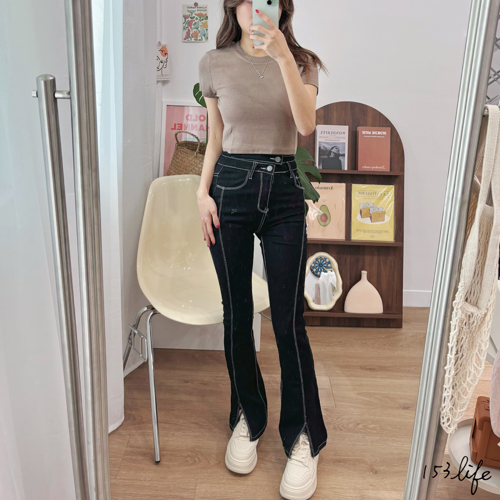 撞色車縫鈕扣腰挖洞彈性小開衩牛仔褲(S-L)