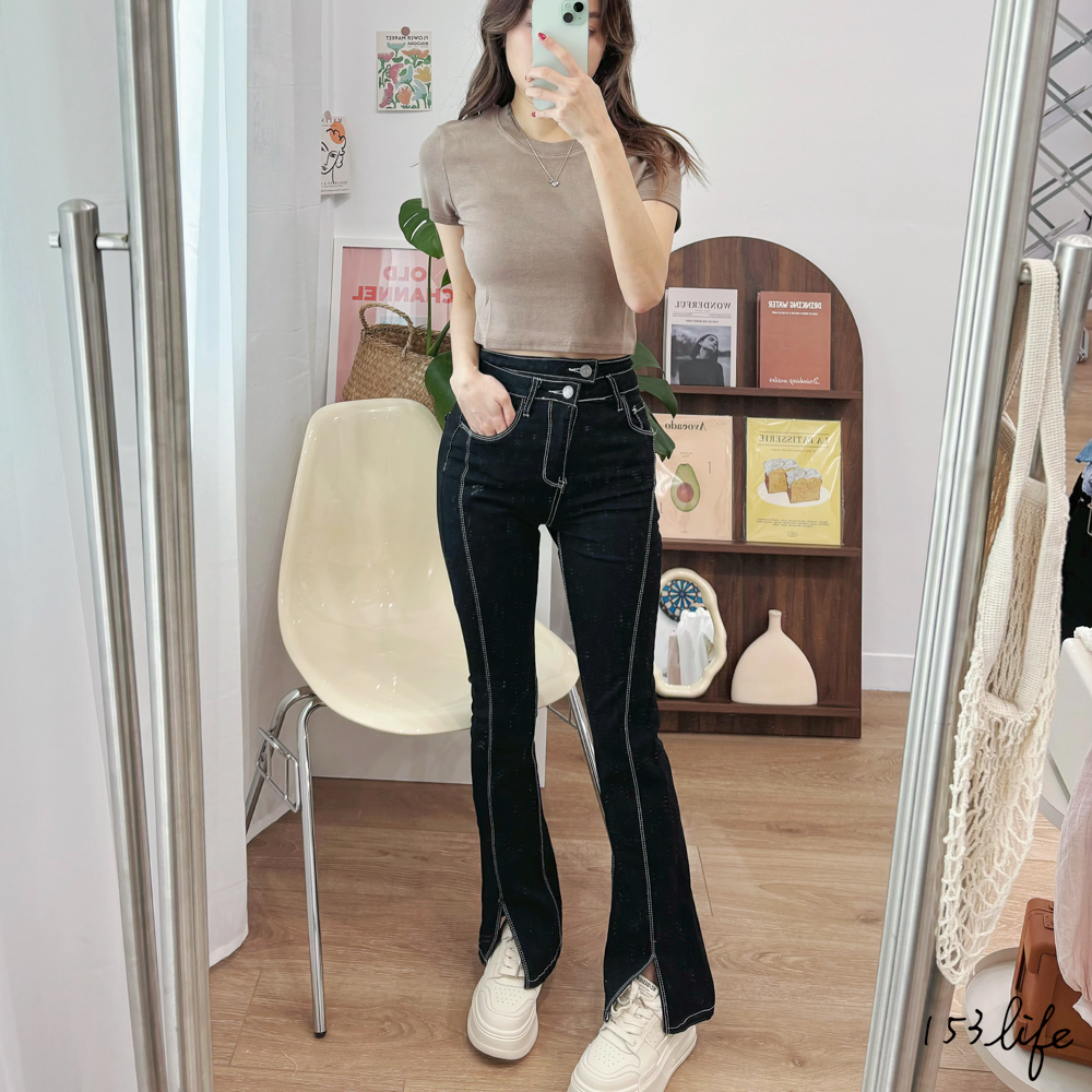 撞色車縫鈕扣腰挖洞彈性小開衩牛仔褲(S-L)