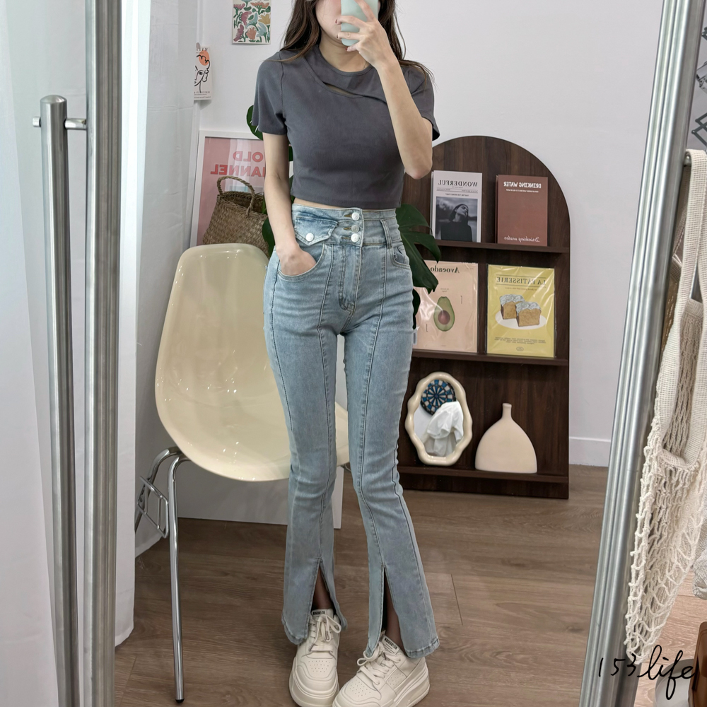 |現貨|三釦高腰彈性緊身前開衩牛仔褲(S-XL)