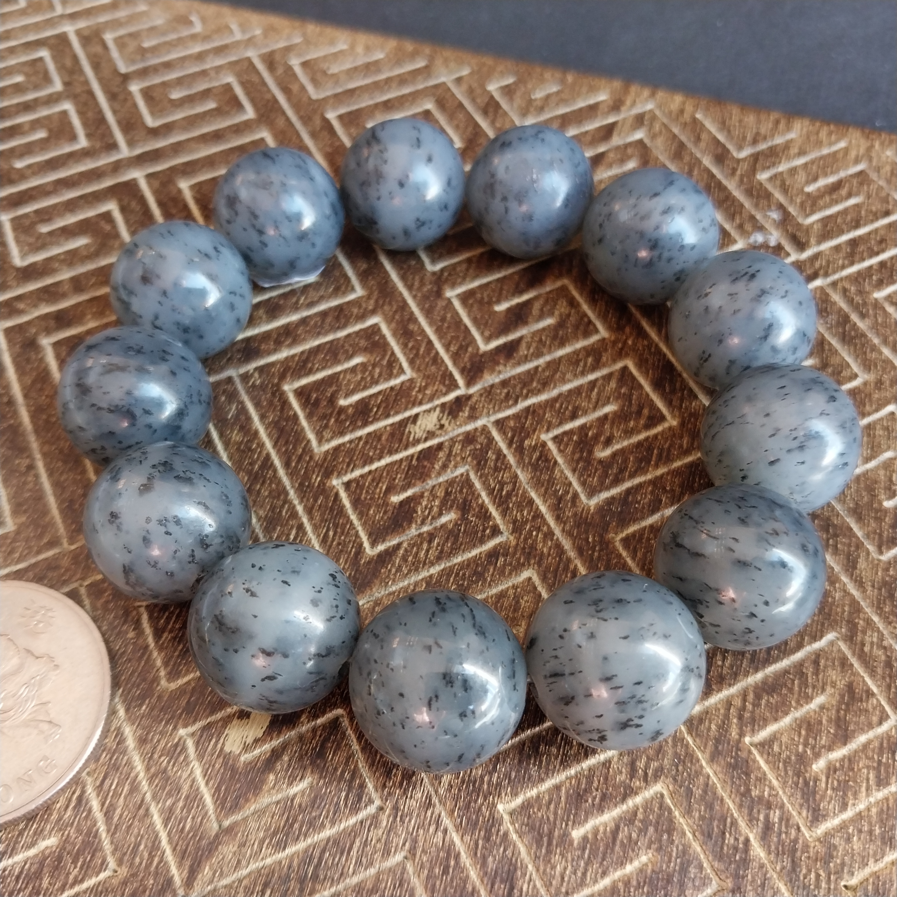 和田玉點墨青花手串 (16mm直徑),天然和田玉軟玉