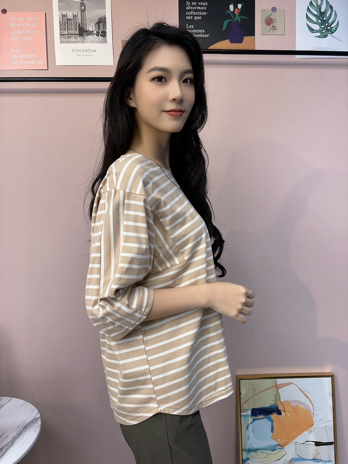 條紋拼接上衣(杏)