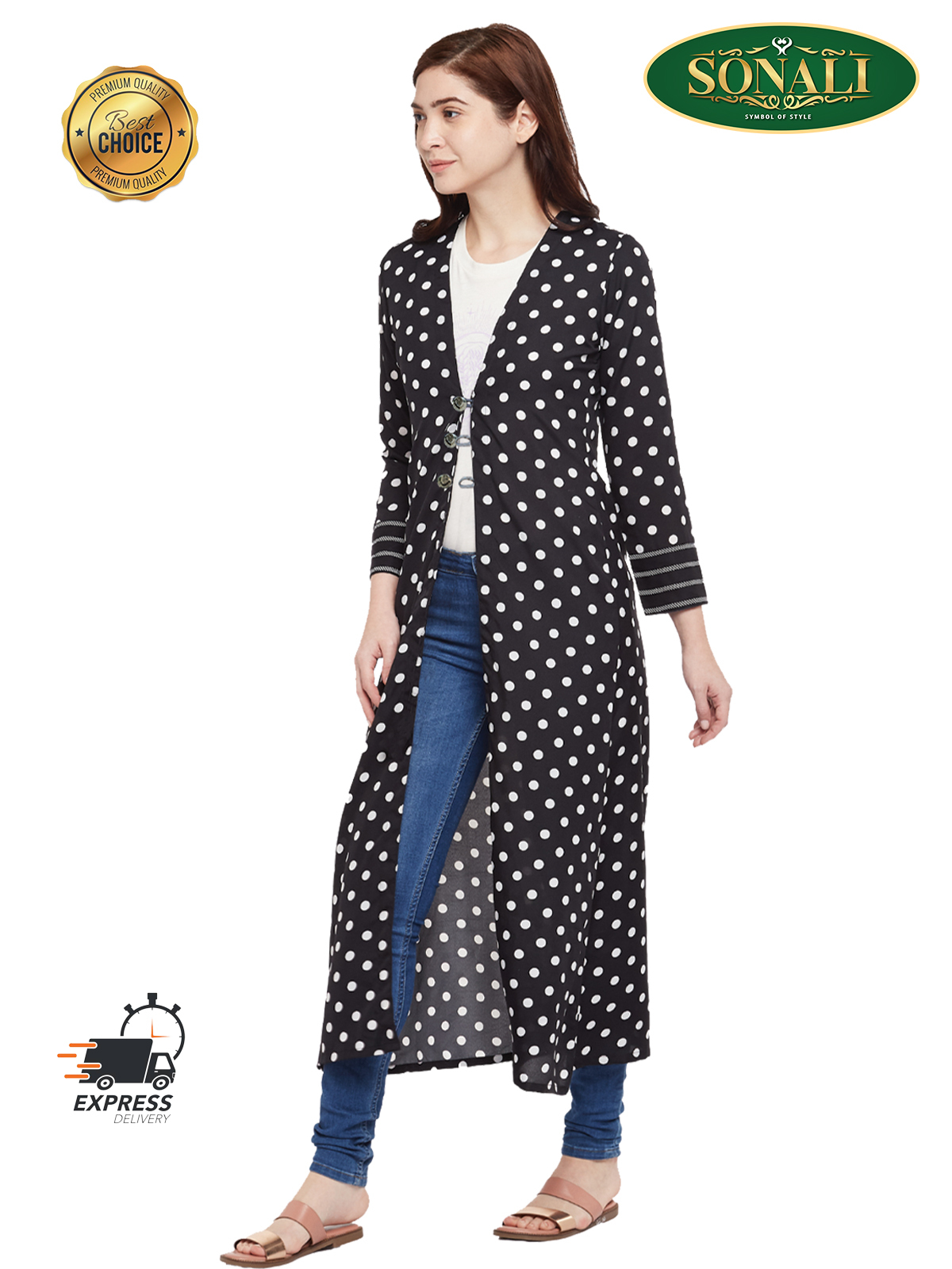 Sonali Premier Quality Black with white dots  Ladies/Women-Long Overcoats Only Q1395/Q1395A
