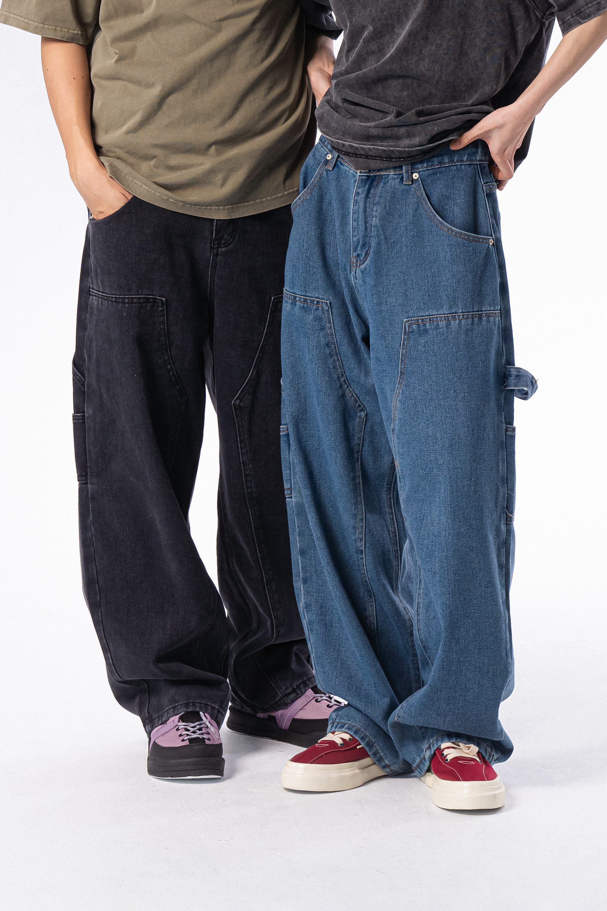 半鬆緊腰寬鬆牛仔長褲