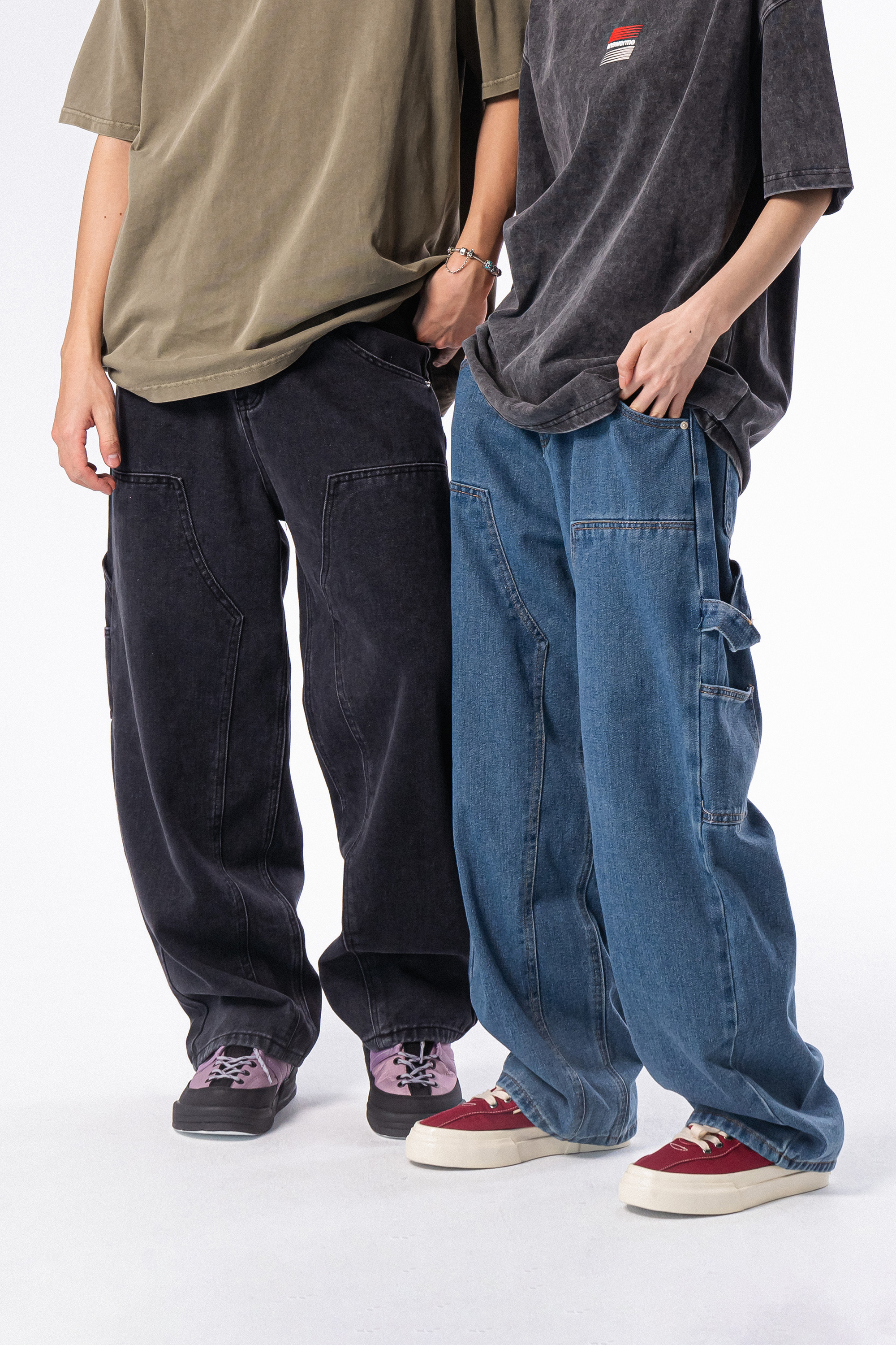 半鬆緊腰寬鬆牛仔長褲