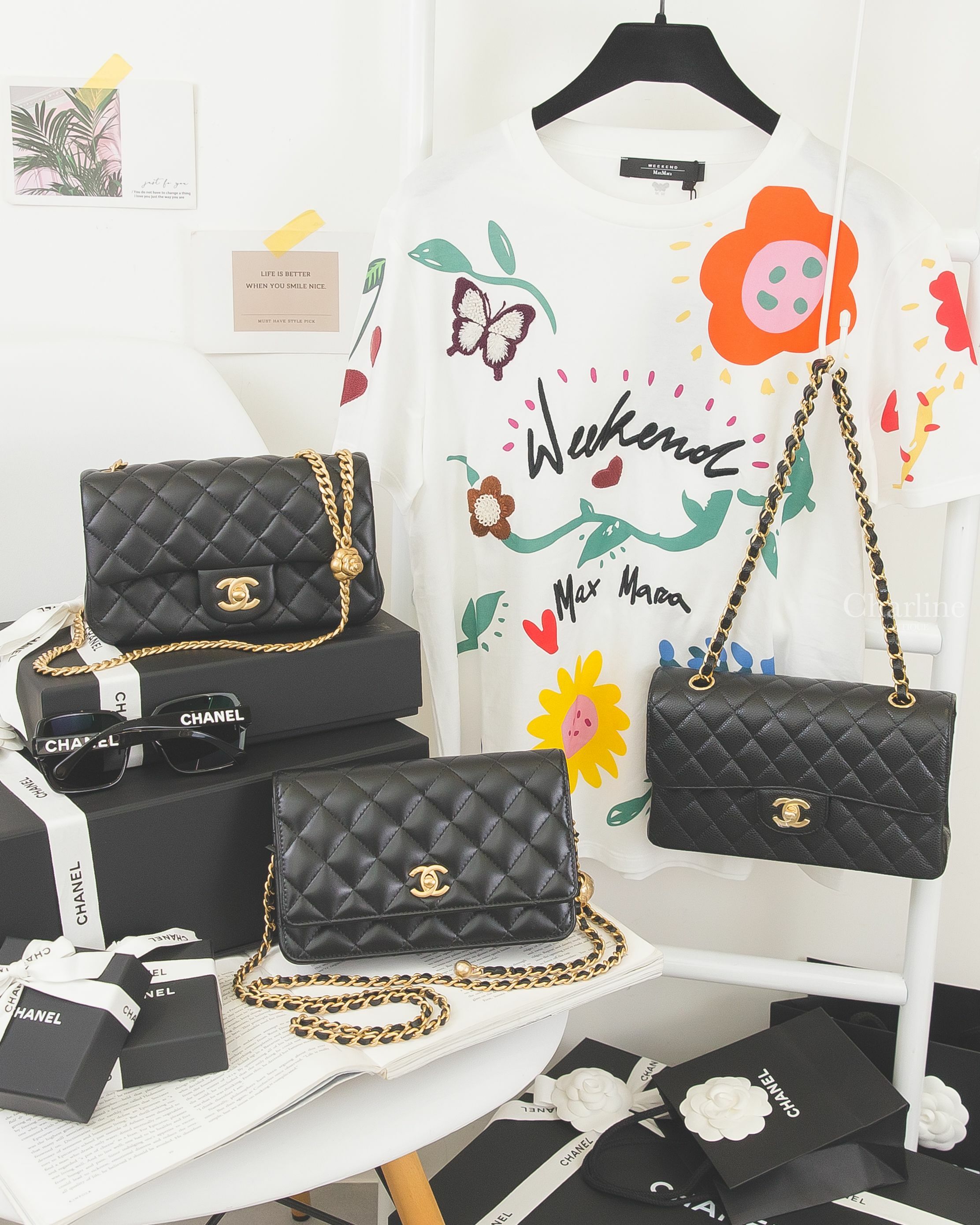Chanel Classic 黑色金CC23cm荔枝零格紋,WOC 黑色金珠羊皮菱格紋肩背包,Mini Flap 黑色金CC山茶花鍊帶20cm羊皮菱格紋,Sunglasses 黑色白Logo太陽眼鏡-Charline Boutique 精品代購
