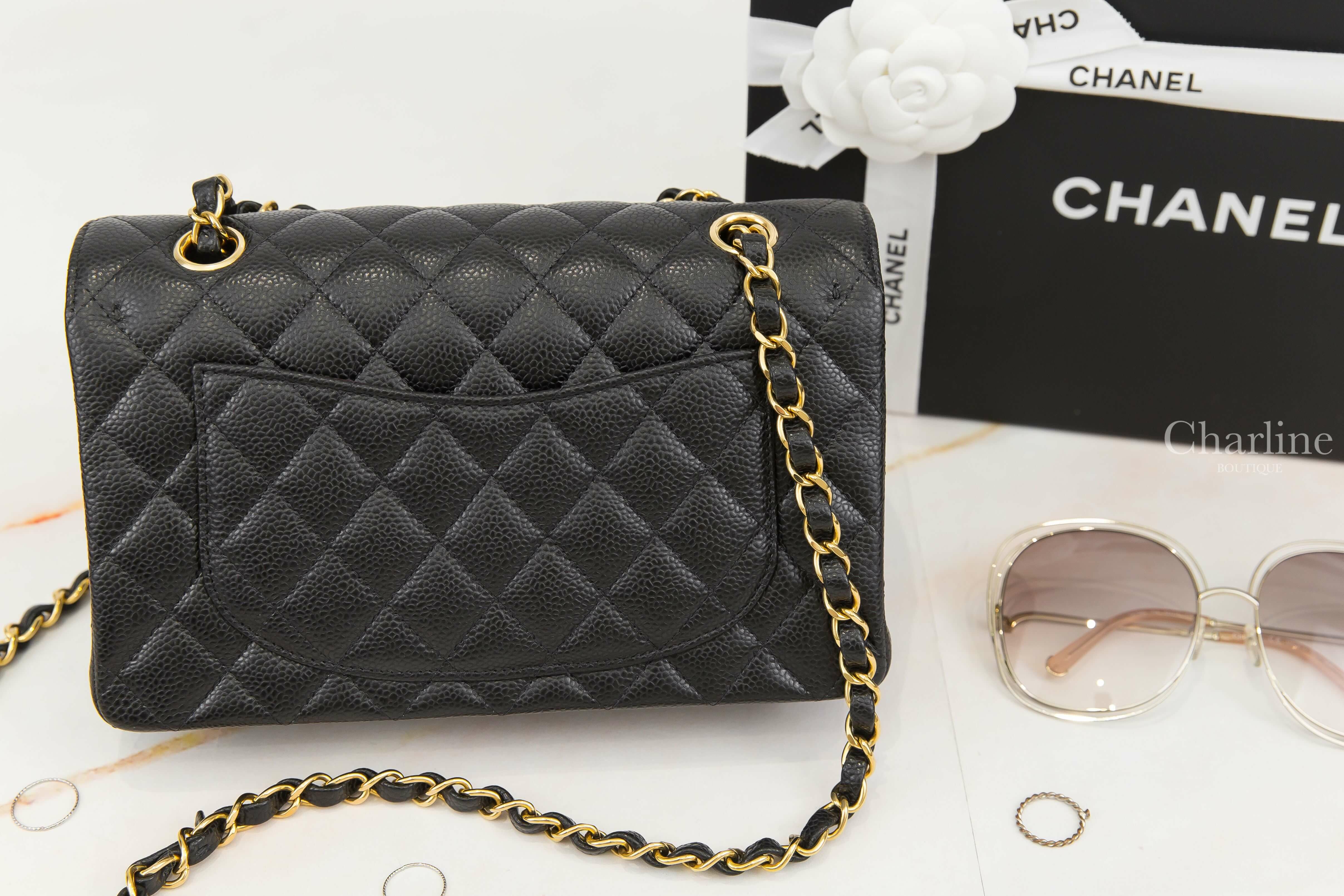 Chanel Small Classic Handbag 黑色金CC金鍊23cm荔枝零格紋肩背包-Charline Boutique 精品代購