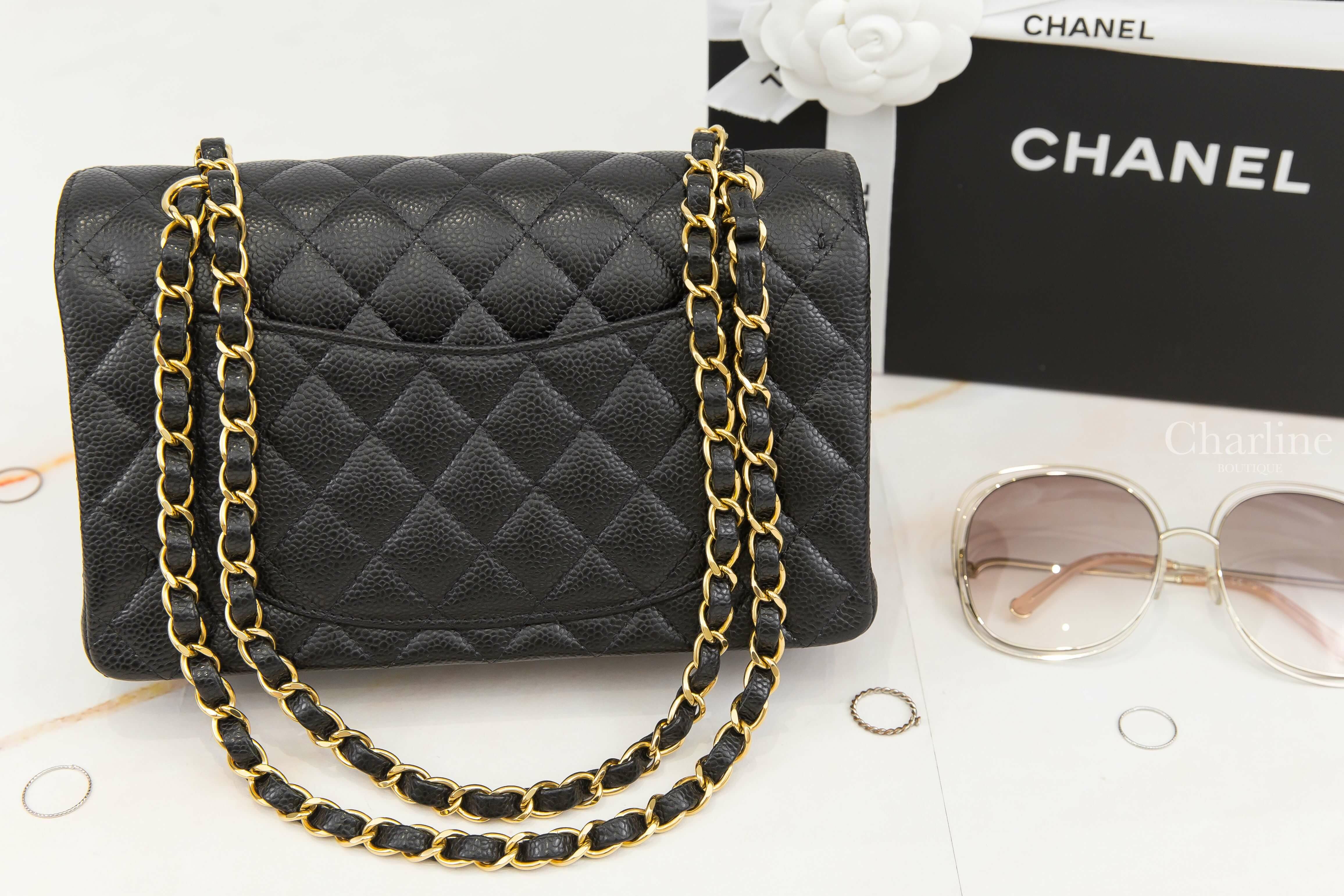 Chanel Small Classic Handbag 黑色金CC金鍊23cm荔枝零格紋肩背包-Charline Boutique 精品代購