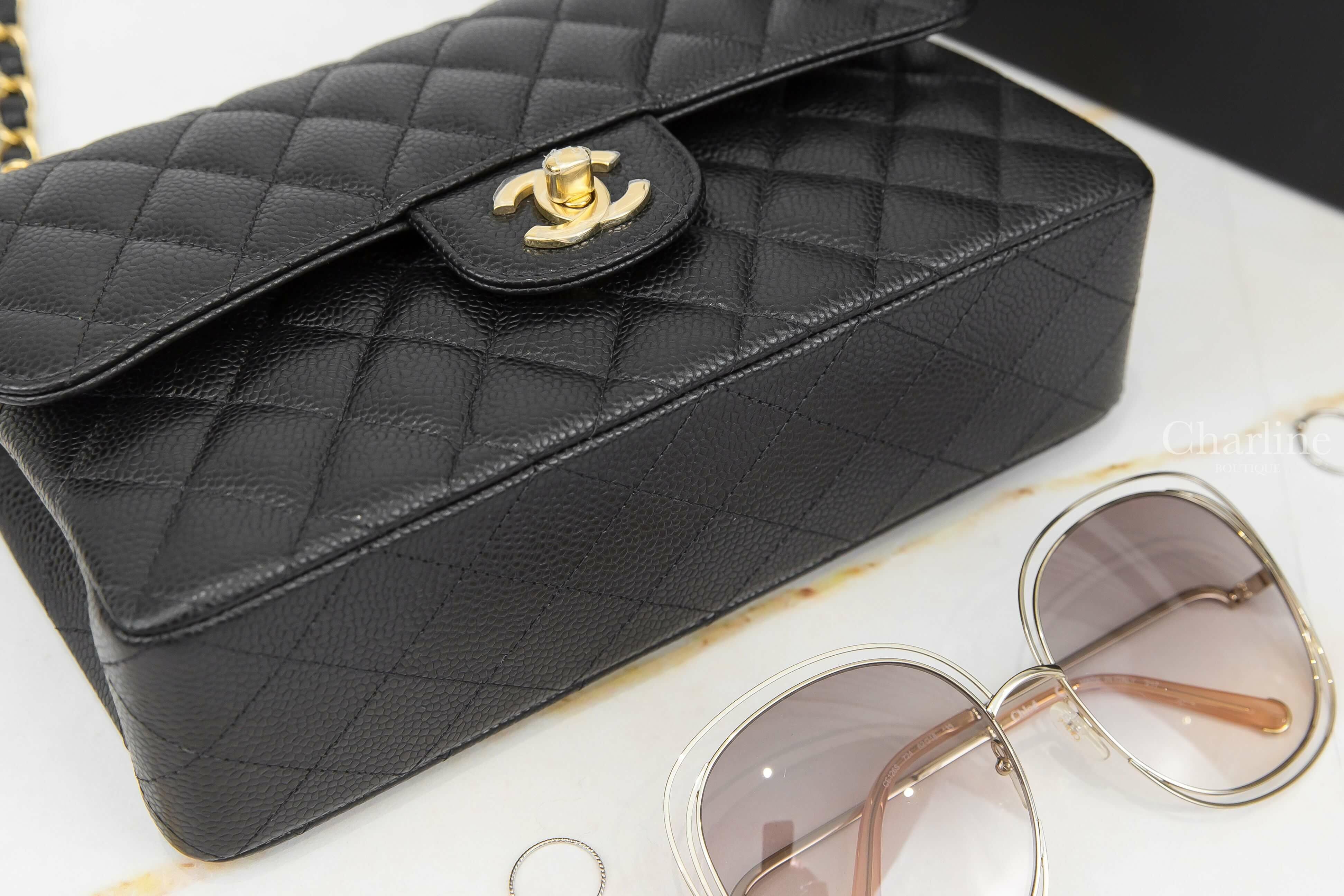 Chanel Small Classic Handbag 黑色金CC金鍊23cm荔枝零格紋肩背包-Charline Boutique 精品代購